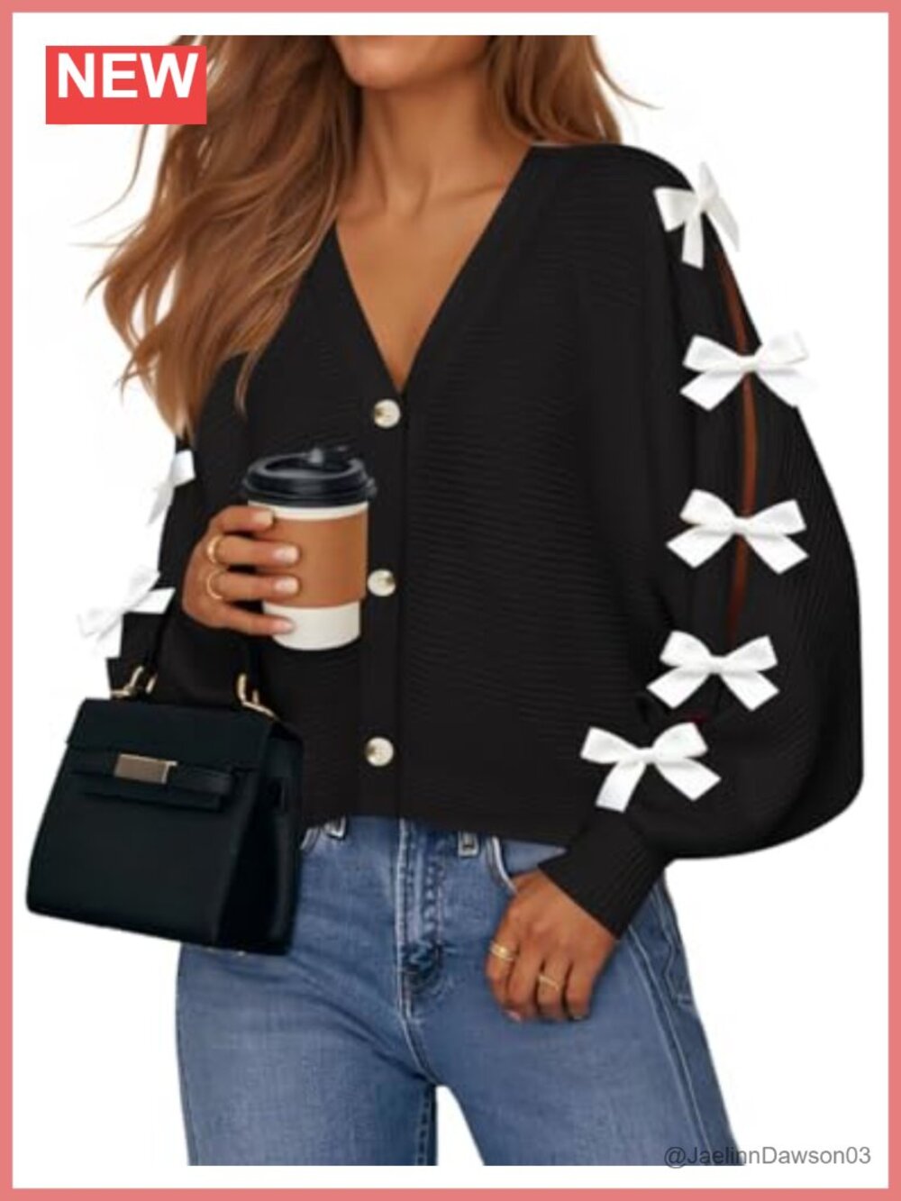 Batwing Long Sleeve V Neck Button Down Bow Cardigan Knit Sweater